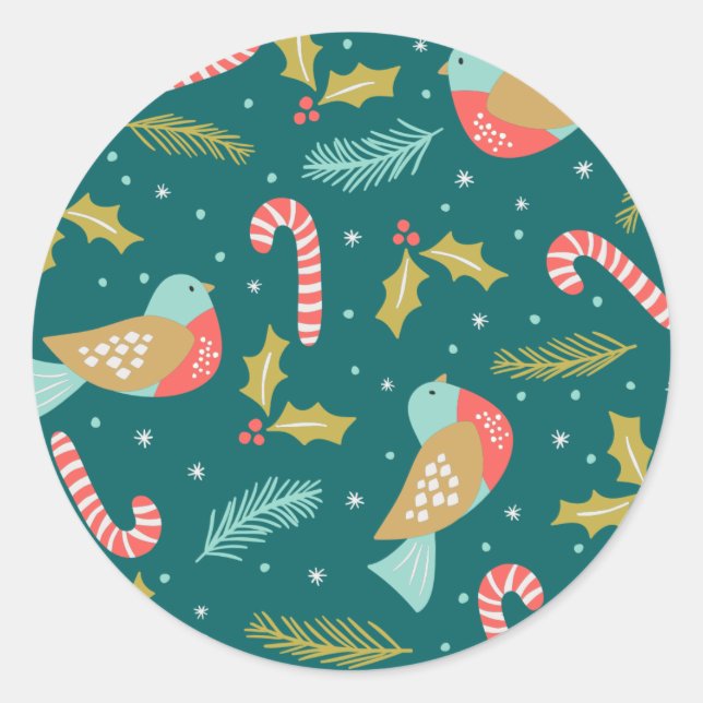 Sticker Rond Sucres de canne Holly Pine Boughs Oiseaux (Devant)