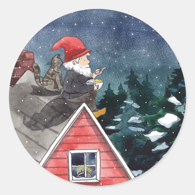 Sticker Rond Suédois Tomten Noël Gnome Aquarelle (Devant)