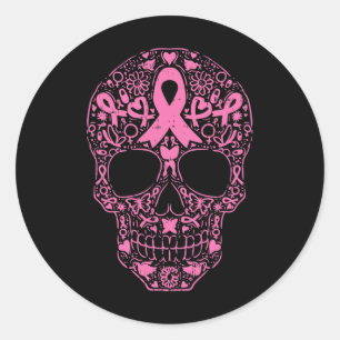 Sticker Rond Sugar Crâne rose Ruban Calavera Cancer du sein Awa