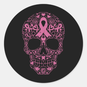 Sticker Rond Sugar Crâne rose Ruban Calavera Cancer du sein Awa
