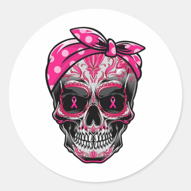 Sticker Rond Sugar Skull Cancer du sein Sensibilisation Pink Ri (Devant)