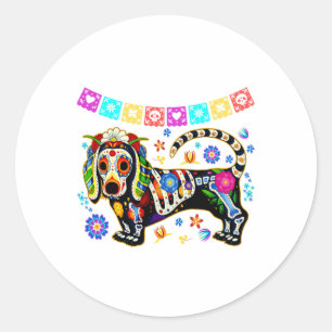 Sticker Rond Sugar Skull Mexican Dachshund Bone Halloween Day O
