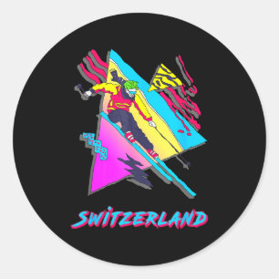 Sticker Rond Suisse skieur ski aventure de ski rétro neige