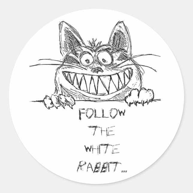 Sticker Rond Suivez le lapin blanc, chat Cheshire griffé (Devant)