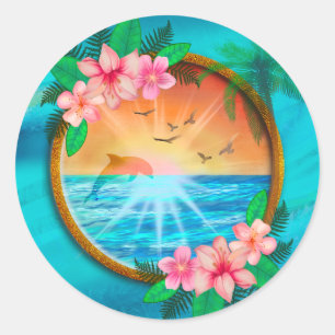 Sticker Rond Summer Beach Les oiseaux de mer volent dans le cie