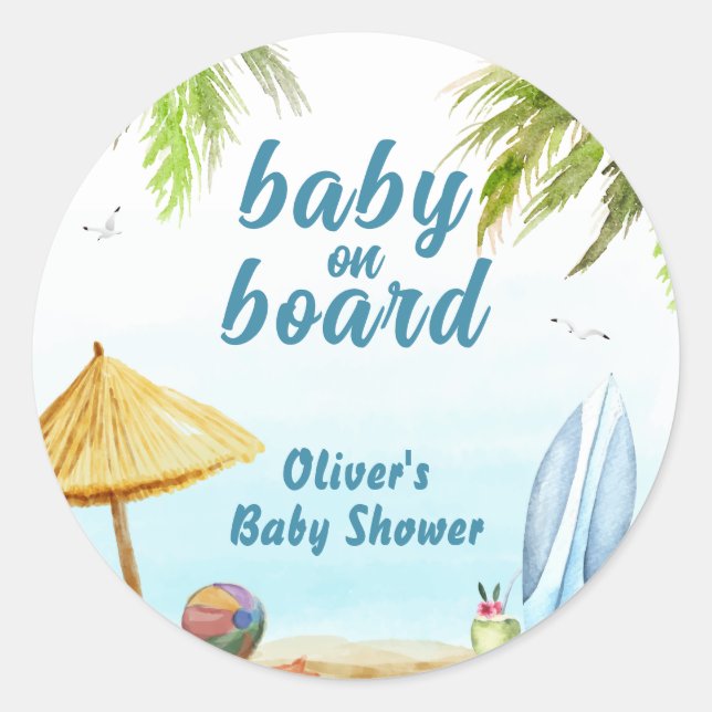 Sticker Rond Summer Beach Ocean Surboard Baby shower (Devant)