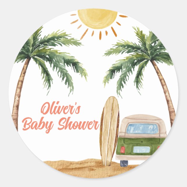 Sticker Rond Summer Boho Surf Plage Van Baby shower (Devant)