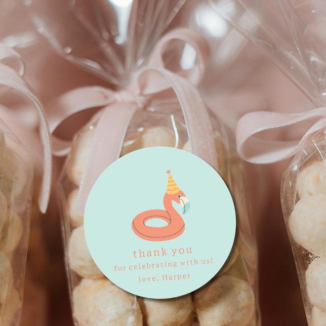 Sticker Rond summer flamingo float kids birthday pool party (flamingo birthday pool party personalized name thank you party favor sticker label)