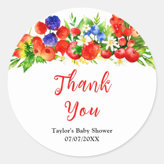 Sticker Rond Summer Mixed Berries Baby Shower Thank You (Devant)