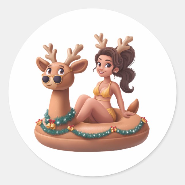 Sticker Rond Summer Reindeer Holiday Fun Pool Party Design (Devant)