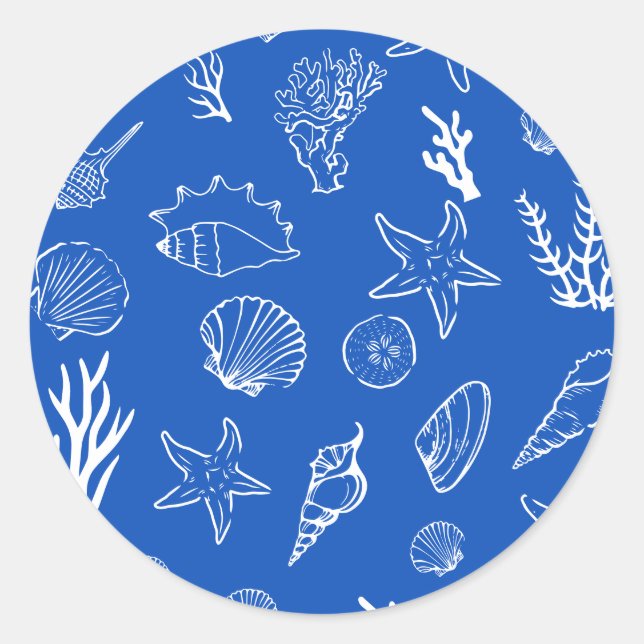 Sticker Rond Summer Seashells Frame Beach Wedding Blue (Devant)