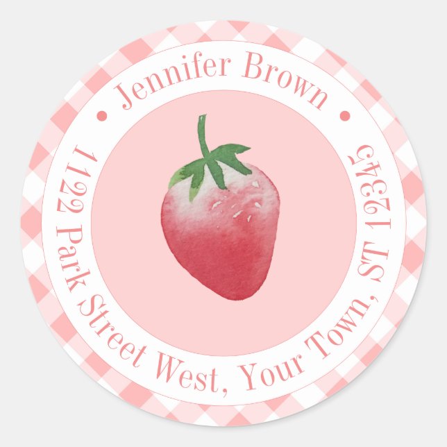 Sticker Rond Summer Strawberry rose et blanc Adresse de retour (Devant)