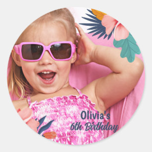 Sticker Rond Summer tropical luau Girl pool photo anniversaire