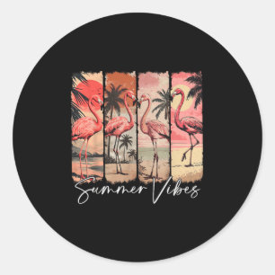 Sticker Rond Summer Vibes Beach Flamant rose rose Palm Tree été