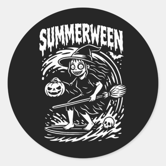Sticker Rond Summerween Halloween Été Surf Plage Sorcière  (Devant)