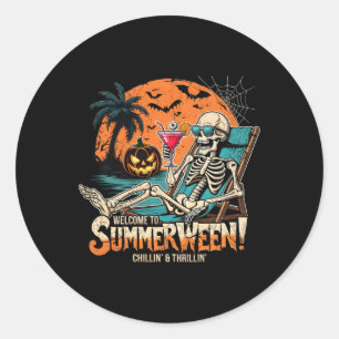 Sticker Rond Summerween Skeleton Beach Halloween Art Tropical