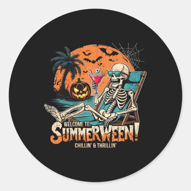 Sticker Rond Summerween Skeleton Beach Halloween Art Tropical (Devant)
