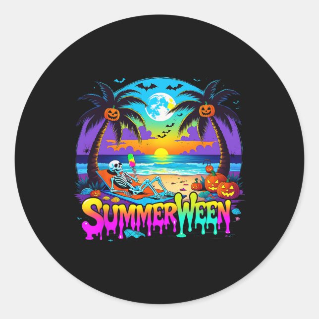 Sticker Rond Summerween Skeleton Ghost Beach Drôle Éffrayant Ha (Devant)