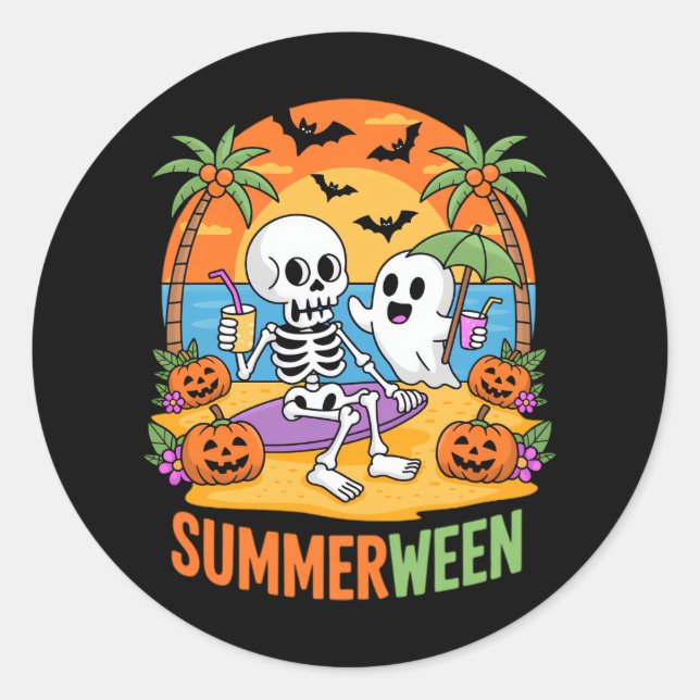 Sticker Rond Summerween Skeleton Ghost Beach Halloween Fu (Devant)