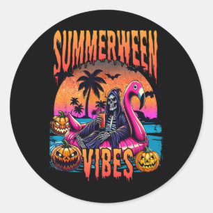 Sticker Rond Summerween Vibes Halloween Vacances d'été Skeleto