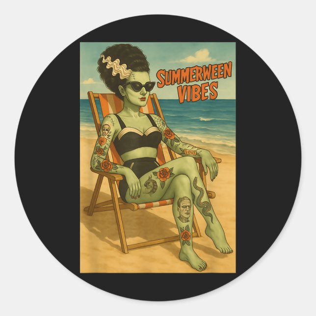 Sticker Rond Summerween Vibes Retro Beach Style gothique Tee (Devant)