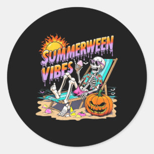 Sticker Rond Summerween Vibes Skeleton Citrouille Vacances Éffr