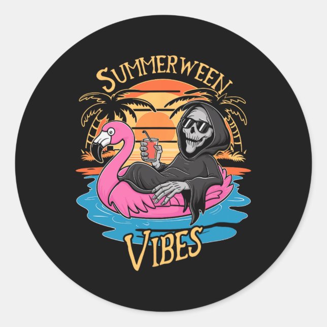 Sticker Rond Summerween Vibes Skeleton Flamant rose Hallowee Éf (Devant)
