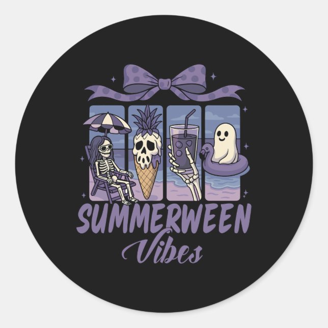 Sticker Rond Summerween Vibes Skeleton Ghost Beach Party Hallow (Devant)
