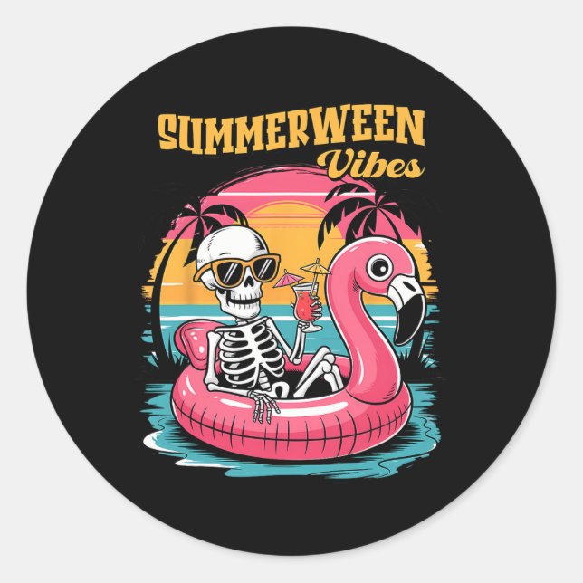 Sticker Rond Summerween Vibes Skeleton Summer Vacation Funny Ha (Devant)