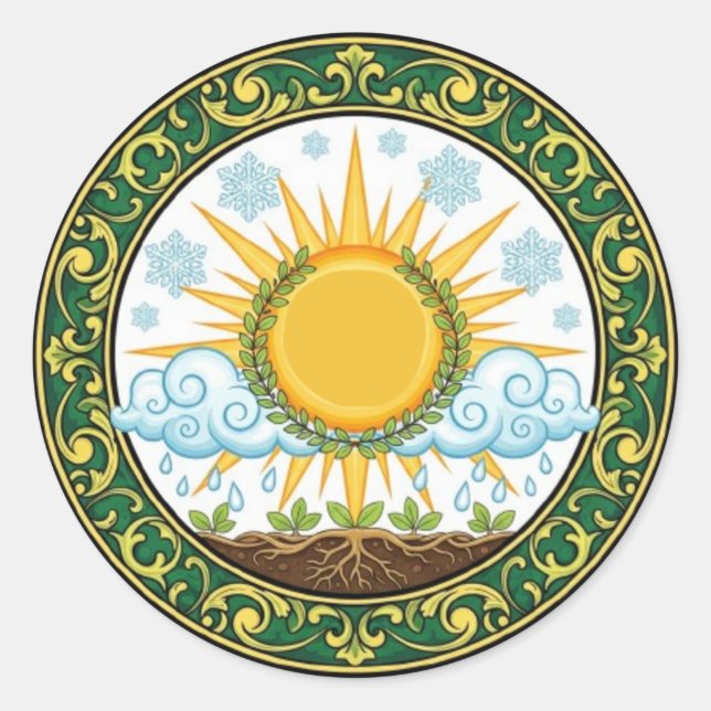 Sticker Rond Sun and Rain Nature Cycle Botanical Emblem ART (Devant)