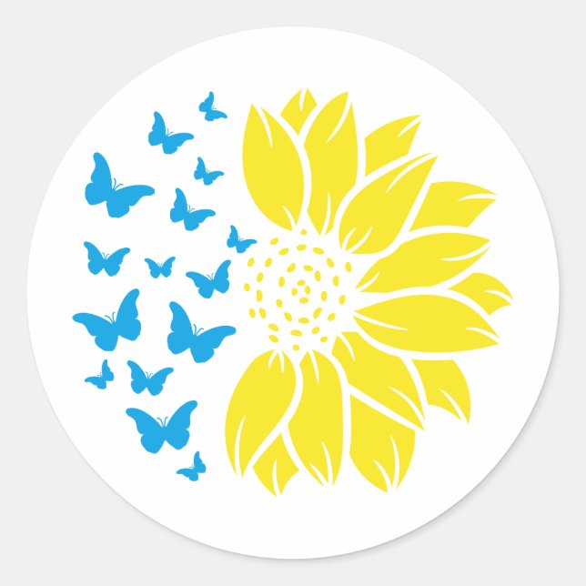 Sticker Rond Sunflower and butterflies. Ukrainian flag colours. (Devant)