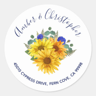 Sticker Rond Sunflower Blue Rose Mariage Adresse Enveloppe Scea