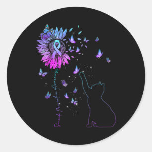 Sticker Rond Sunflower Chat Turquoise Et Violet Ribbon Suicide