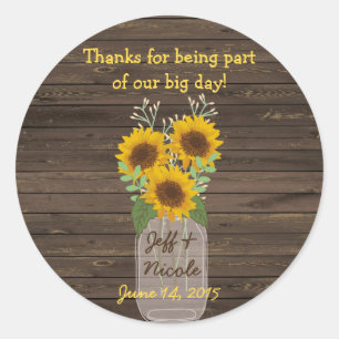 Sticker Rond Sunflower Country Wood Mason Jar Mariage