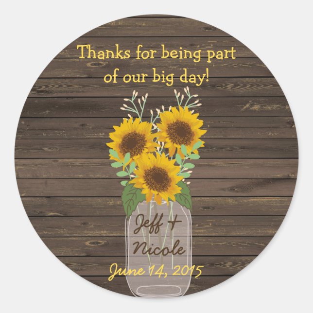 Sticker Rond Sunflower Country Wood Mason Jar Mariage (Devant)