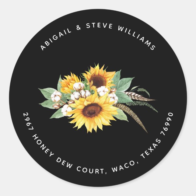 Sticker Rond Sunflower et Cotton Black Adresse de retour (Devant)