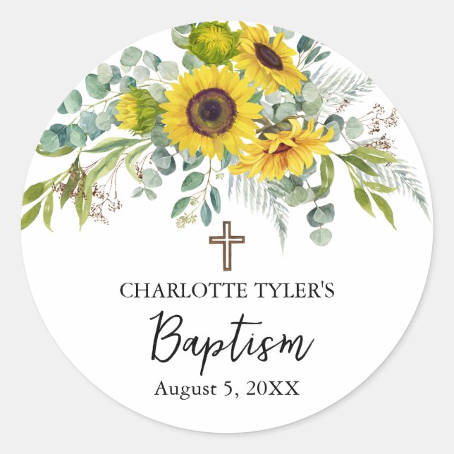 Sticker Rond Sunflower & Eucalyptus Boho Cross Baptism (Devant)