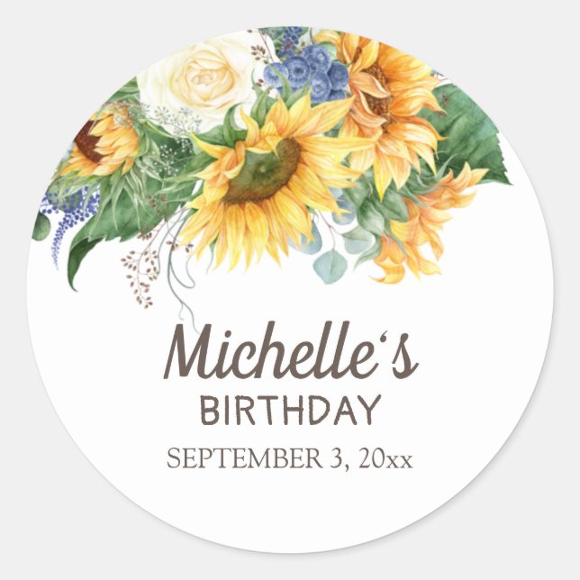 Sticker Rond Sunflower Eucalyptus Feuille Anniversaire Nom de l (Devant)