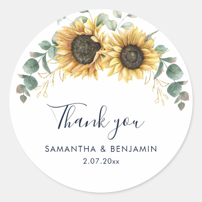 Sticker Rond Sunflower Floral Wedding Thank You Favor (Devant)