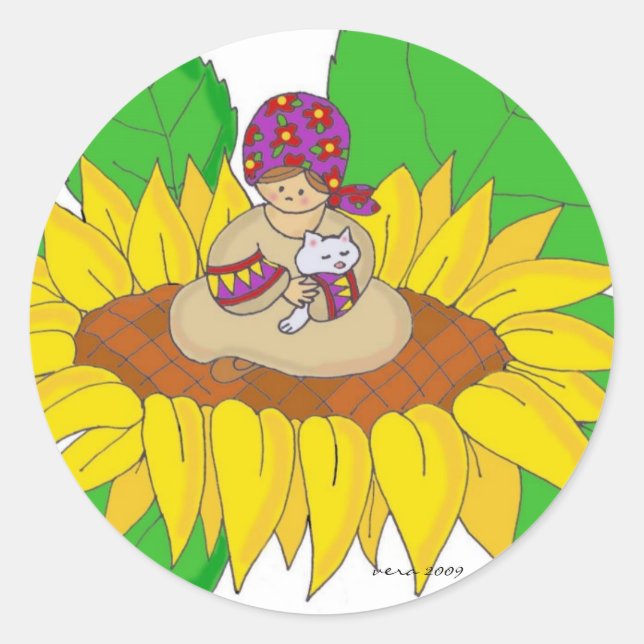 Sticker Rond Sunflower Girl Ukrainien Folk Art (Devant)