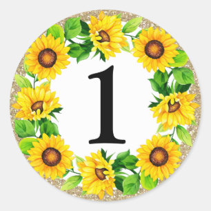 Sticker Rond Sunflower & Gold Baby Girl Birthday Numéro personn