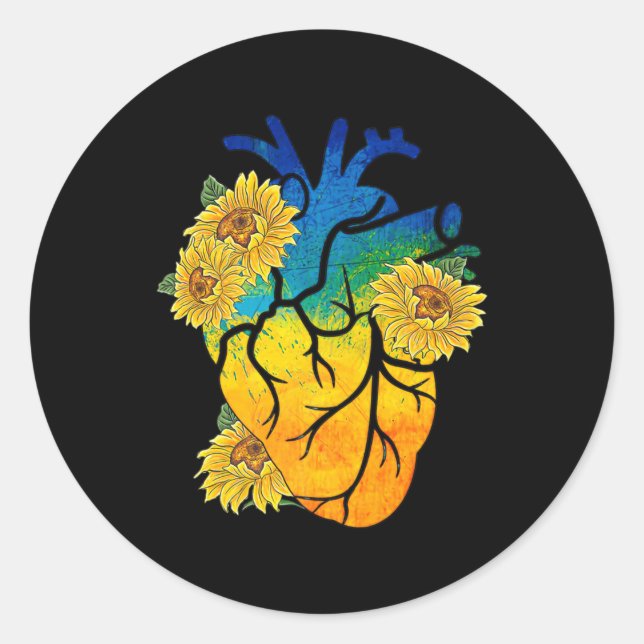 Sticker Rond Sunflower Heart Ukraine Ukrainian Flag Stand With  (Devant)