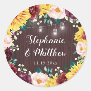 Sticker Rond Sunflower Mason Jars Bois Bourgogne Mariage