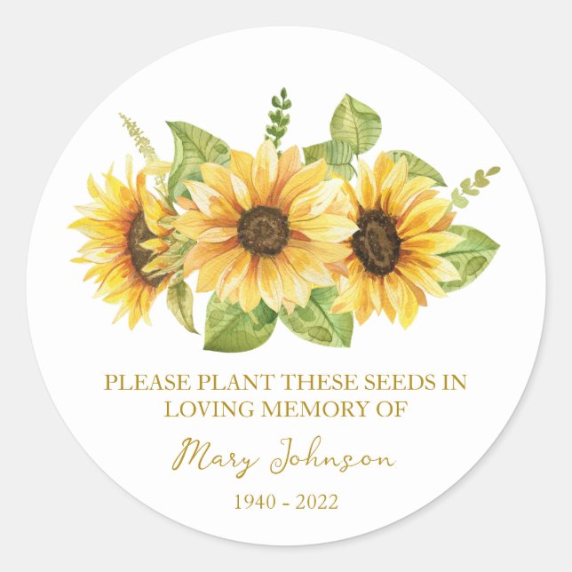 Sticker Rond Sunflower Memorial Funeral Seed Packet (Devant)