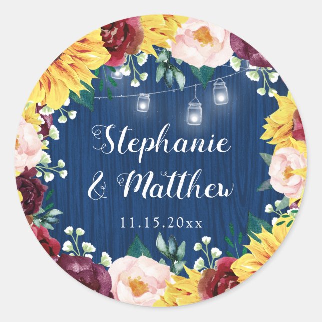 Sticker Rond Sunflower Navy Blue Mason Jars Bourgogne Mariage (Devant)