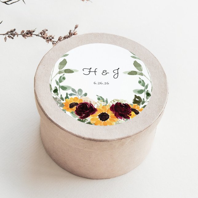 Sticker Rond Sunflower Roses Eucalyptus Monogramme Mariage Fave (Créateur téléchargé)