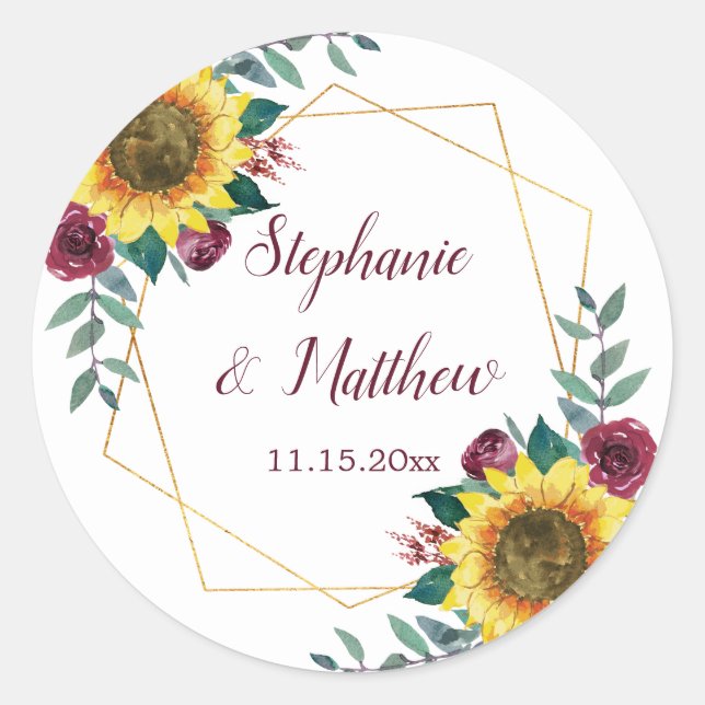 Sticker Rond Sunflowers Bourgogne Floral Mariage géométrique (Devant)