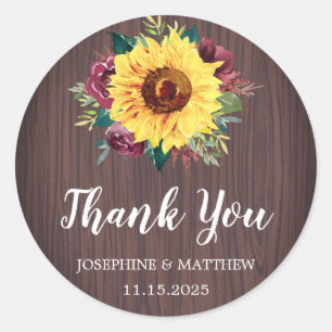 Sticker Rond Sunflowers Bourgogne Rose bois Merci Mariage