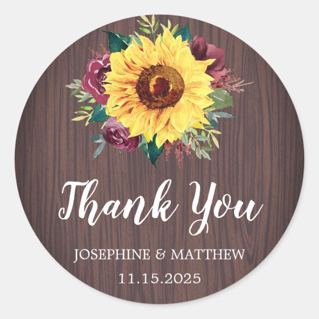 Sticker Rond Sunflowers Bourgogne Rose bois Merci Mariage (Devant)