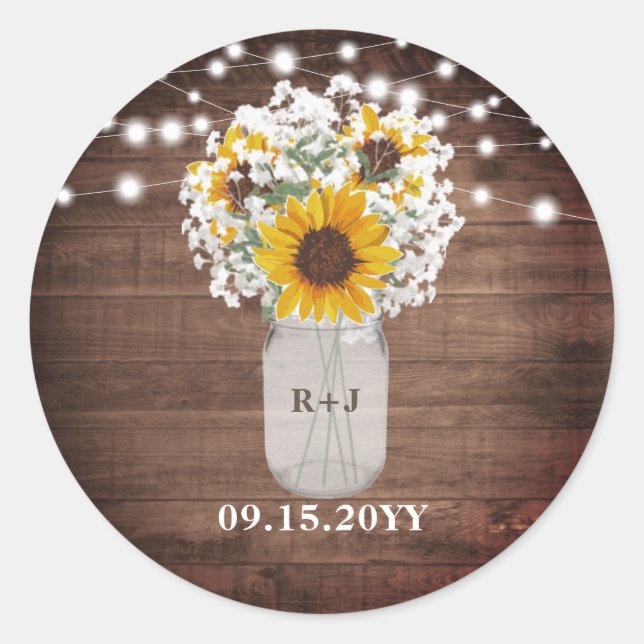 Sticker Rond Sunflowers Monogram Mason Jar Vase Lumières Mariag (Devant)